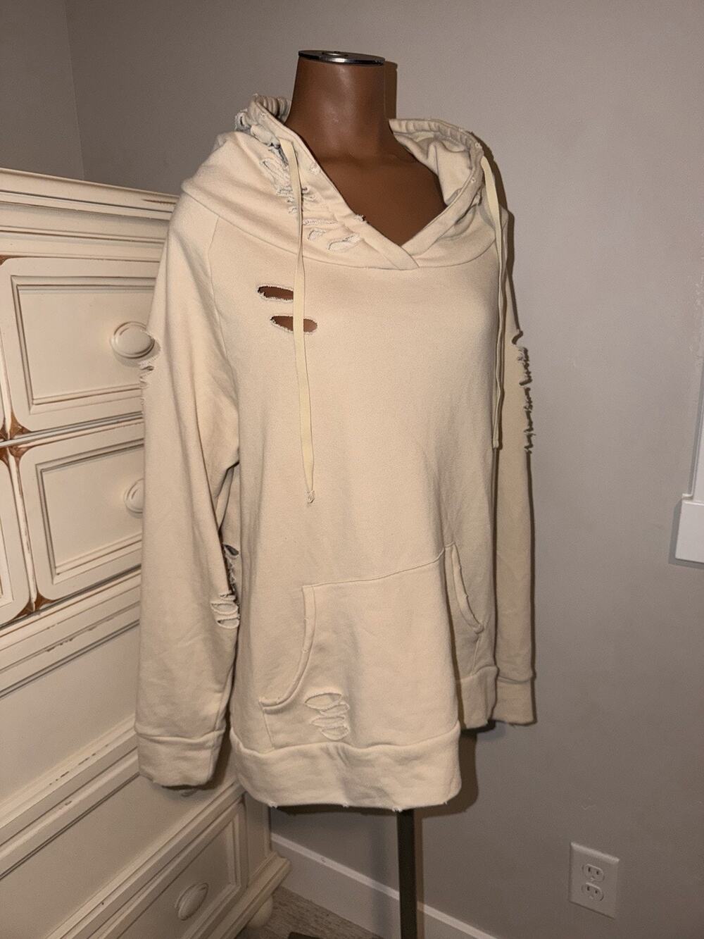 Distressed Beige Cream Hoodie Size Small